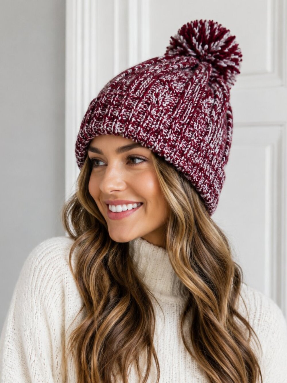 NWT Sakkas Maroon White Pom Pom Cable Knit Ski Beanie Winter Hat OS